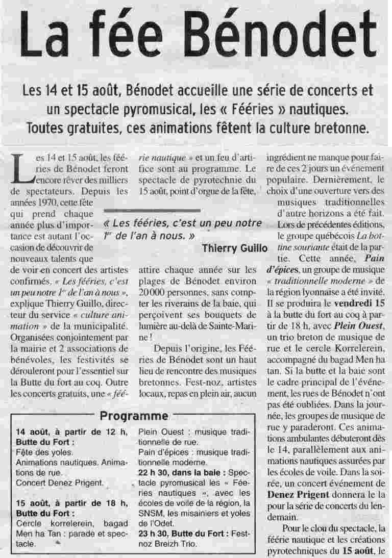 article de Thierry Guillo présentant les fééries de Bénodet avec un spectacle pyrotechnique, Pain d'épice, pleinouest et Denez Prigent