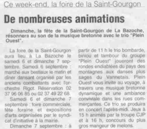 article annonçant la fête de Saint Gourgeon à la Bazoche avecle trio Plein Ouest en musique bretonne